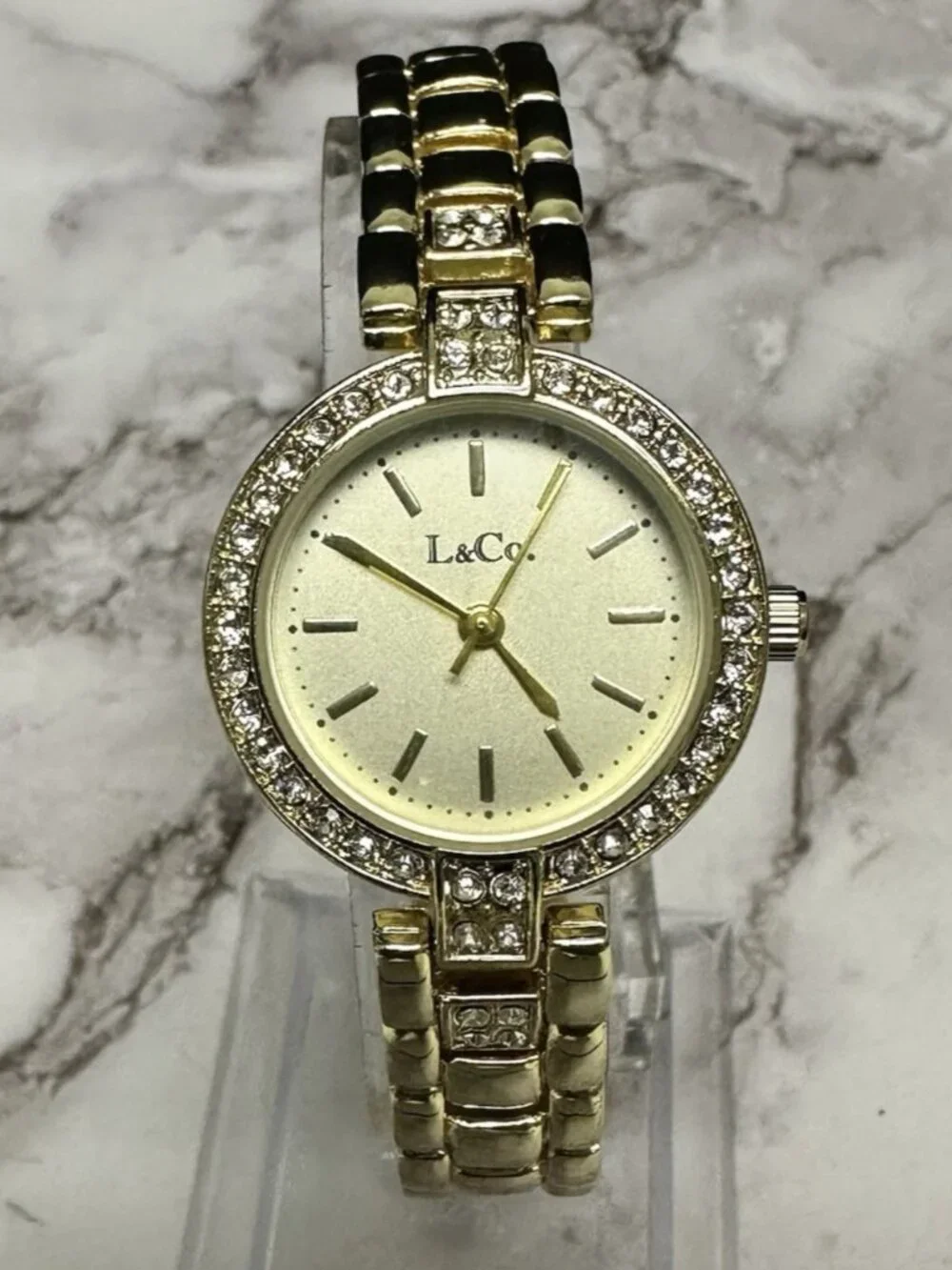 3/$30 L & Co Watch Women Gold Tone Round Dial Crystal Bezel New Battery 7.25
